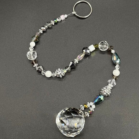 Beaded Suncatcher White Silver Clear Crystal Prism Hanging Patio Decor Yard Art - Picture 1 of 10